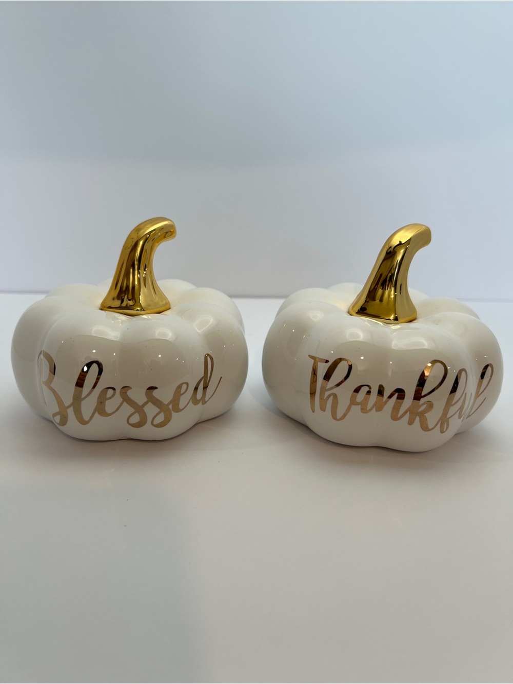 White Gold Blessed & Thankful Ceramic Pumpkin Set Fall Decor